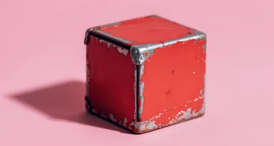 Distressed Red Metal Cube On Pink Background