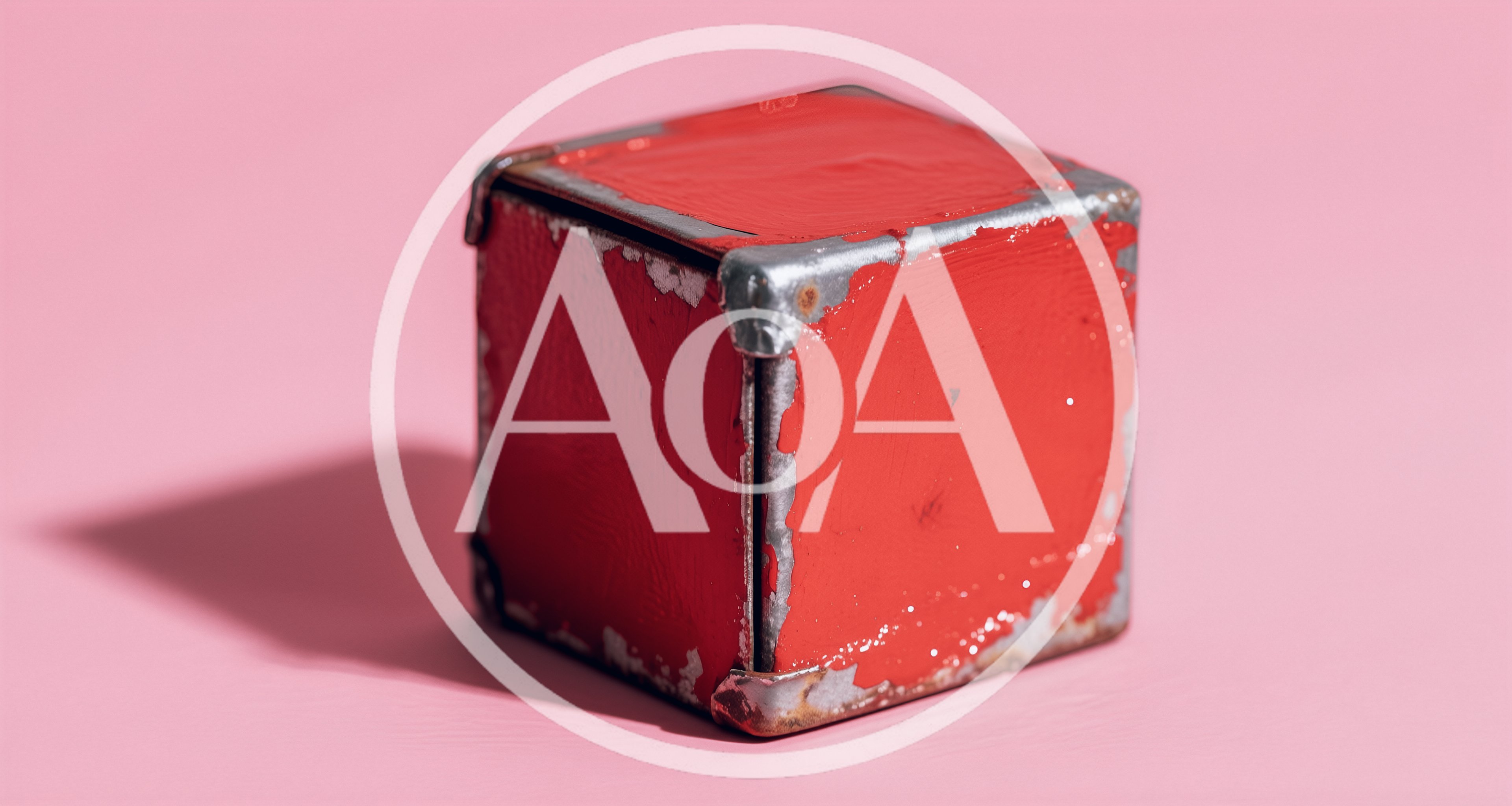 Distressed Red Metal Cube On Pink Background