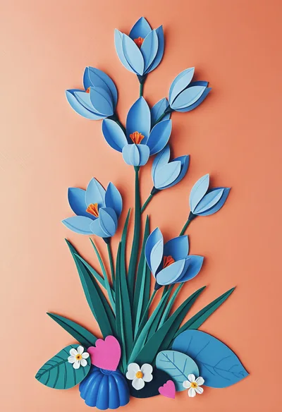 Paper Craft Blue Crocus Flowers On Orange Background