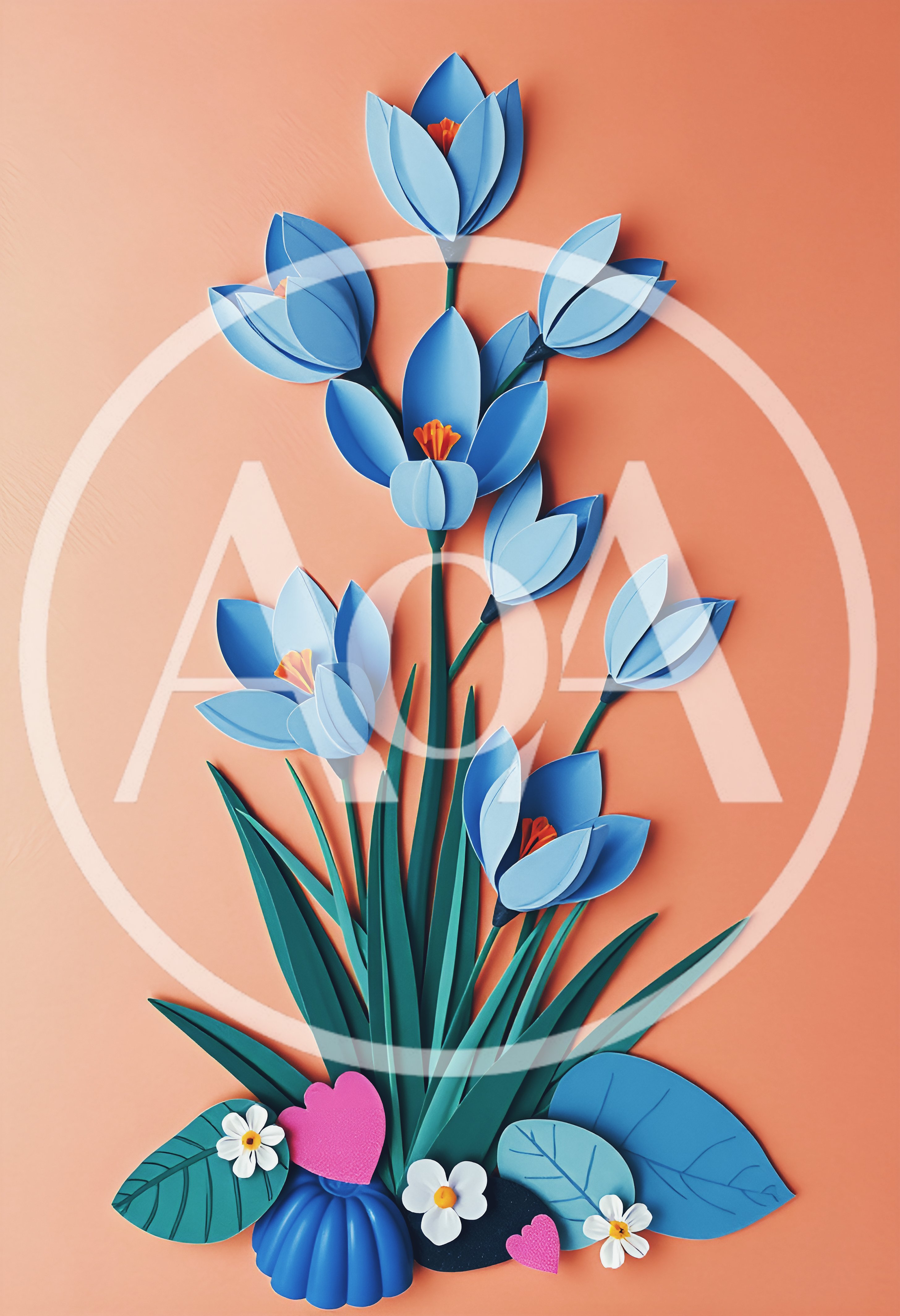 Paper Craft Blue Crocus Flowers On Orange Background