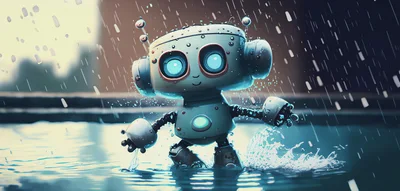 Cute Robot Playing In The Rain