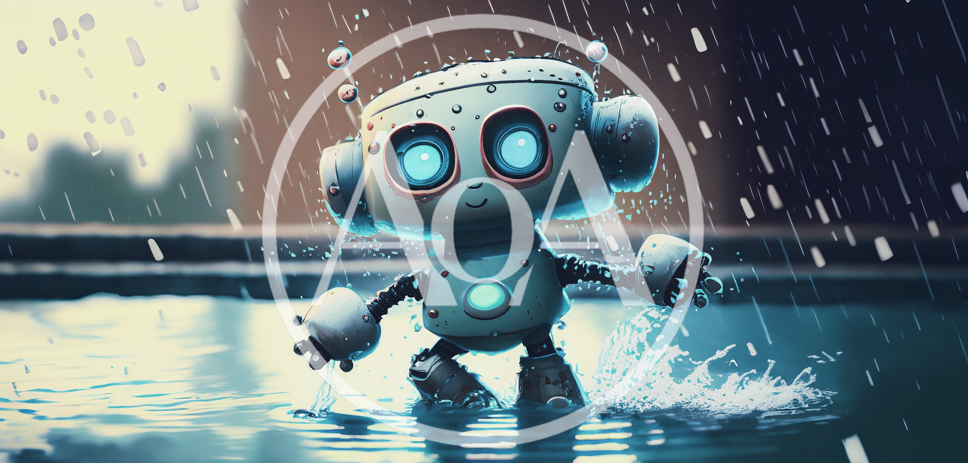 Cute Robot Playing In The Rain