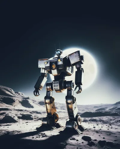 Giant Mechanical Robot Standing On A Barren Moon Surface