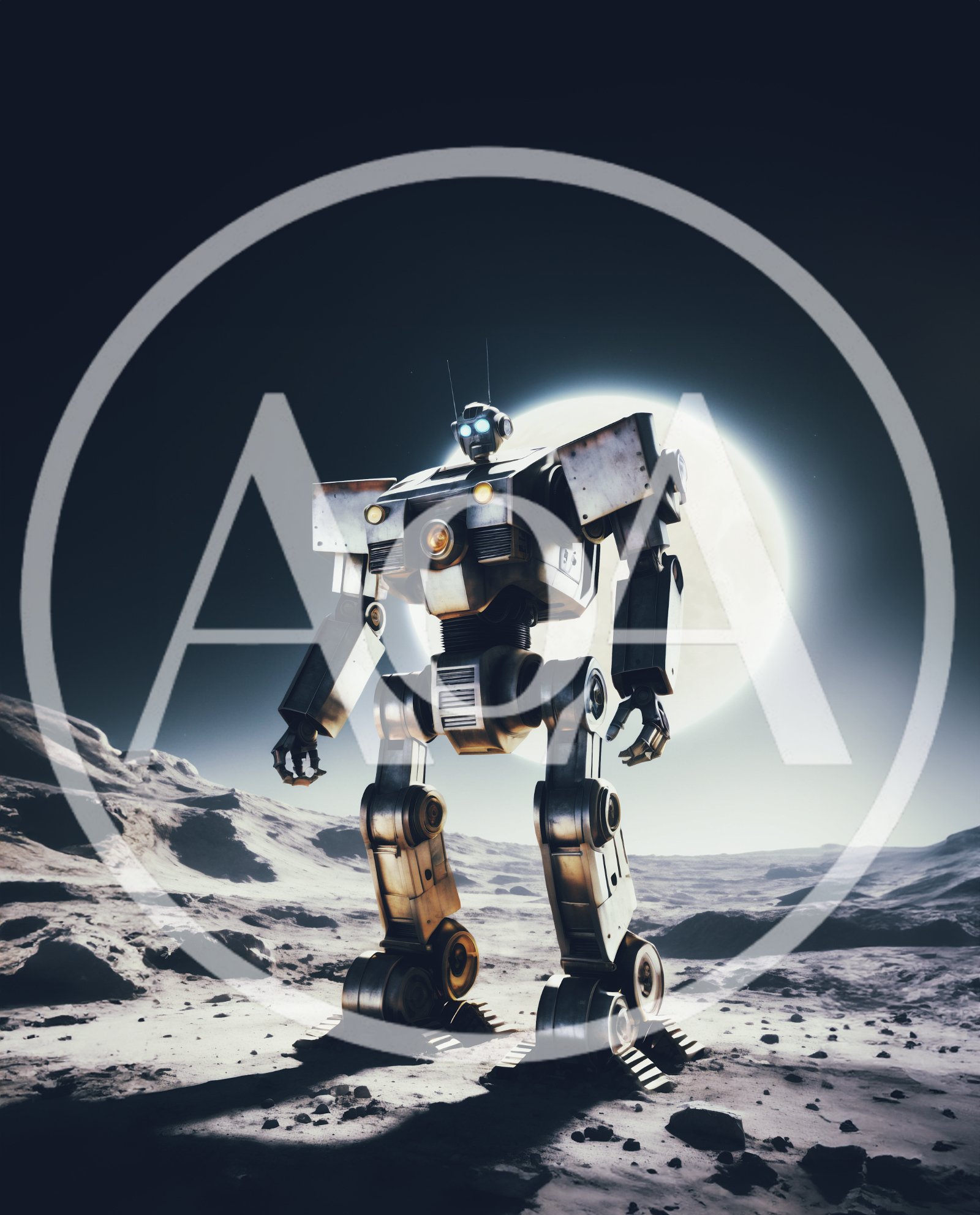 Giant Mechanical Robot Standing On A Barren Moon Surface