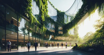 Business Professionals Walking Outside Modern Sustainable Office Building