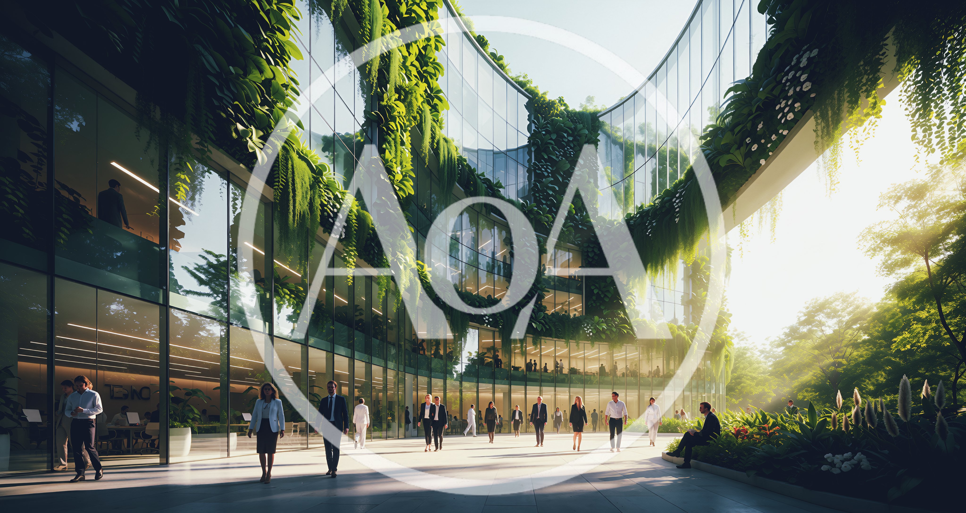 Business Professionals Walking Outside Modern Sustainable Office Building