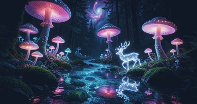Glowing Spirit Deer In Enchanted Bioluminescent Mushroom Forest