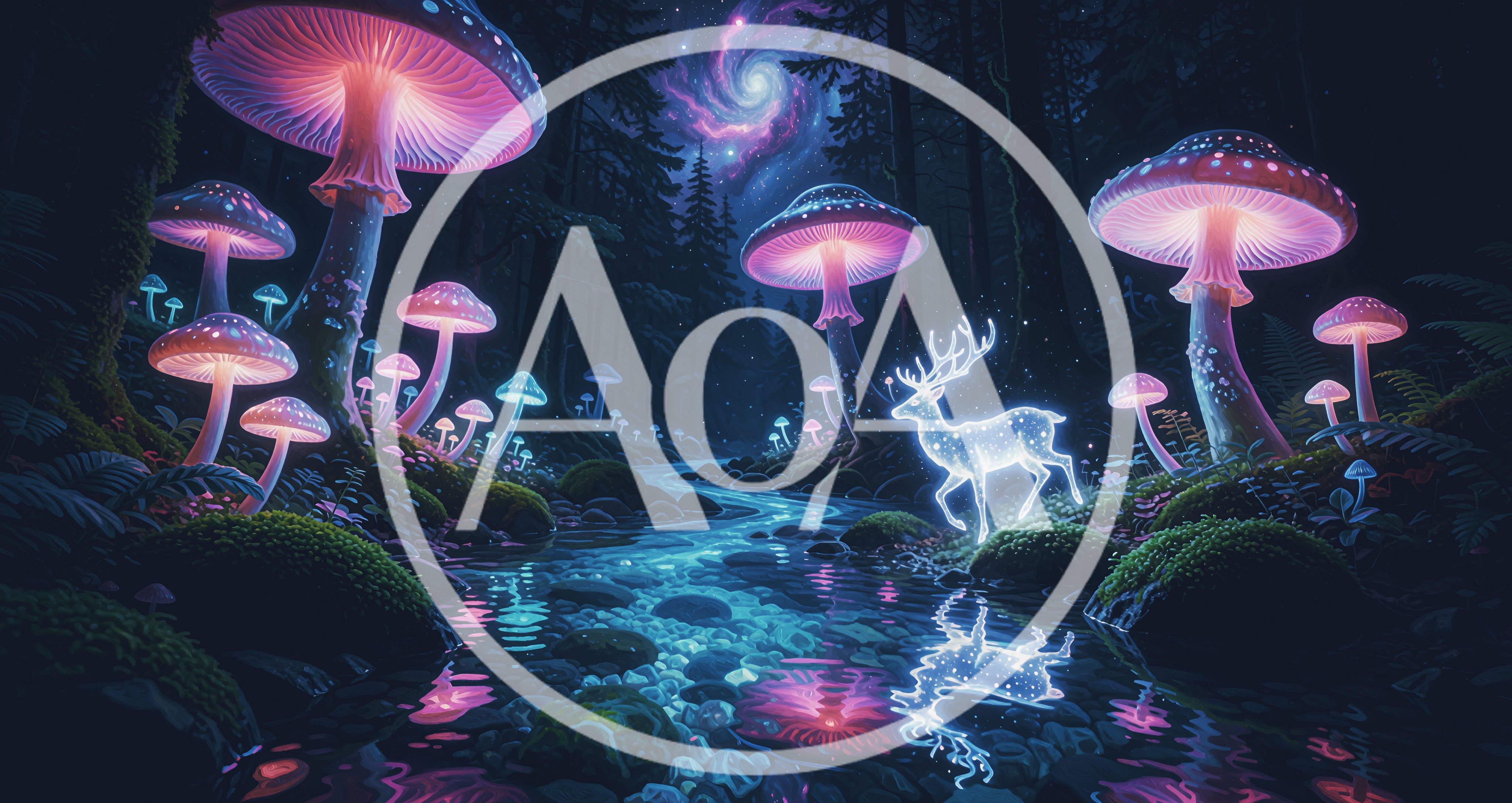 Glowing Spirit Deer In Enchanted Bioluminescent Mushroom Forest
