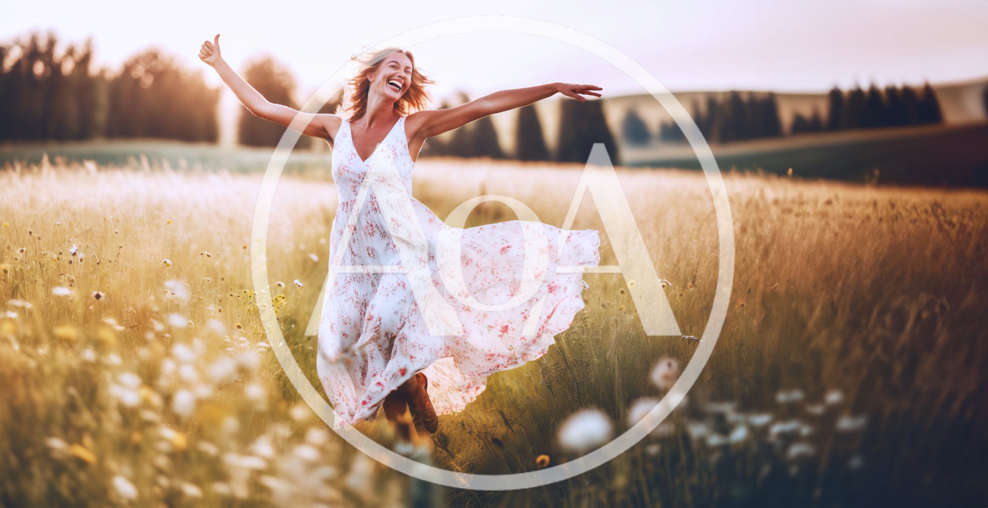 Happy Woman Running Through A Wildflower Meadow