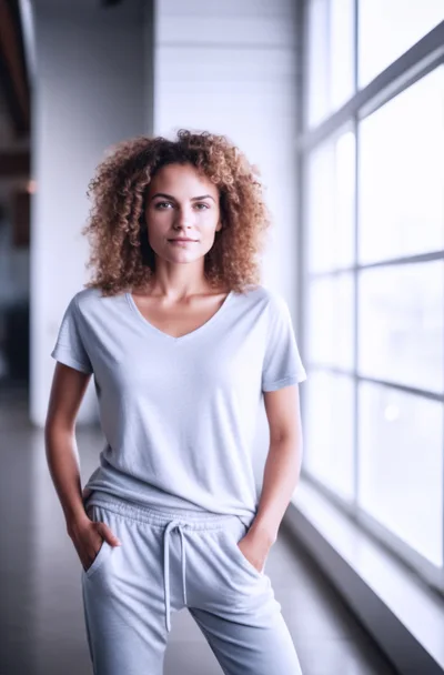 Young Woman With Curly Hair Standing By Large Window