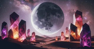 Glowing Crystal Formations On A Desert Planet Surface