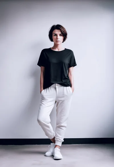 Young Woman Standing In Casual Black T-Shirt And Sweatpants