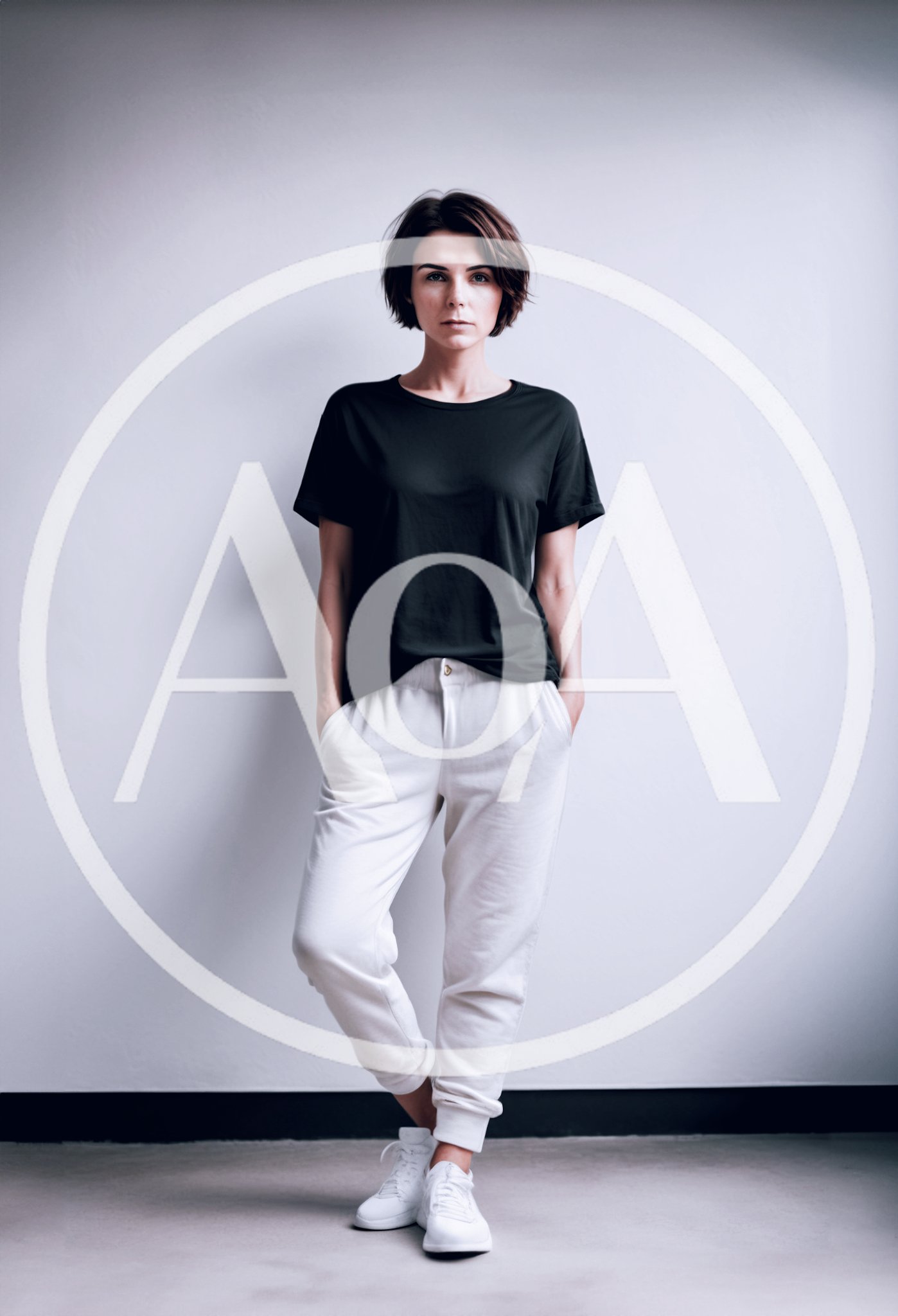Young Woman Standing In Casual Black T-Shirt And Sweatpants