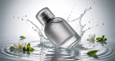Perfume Bottle Splashing In Water With Flowers