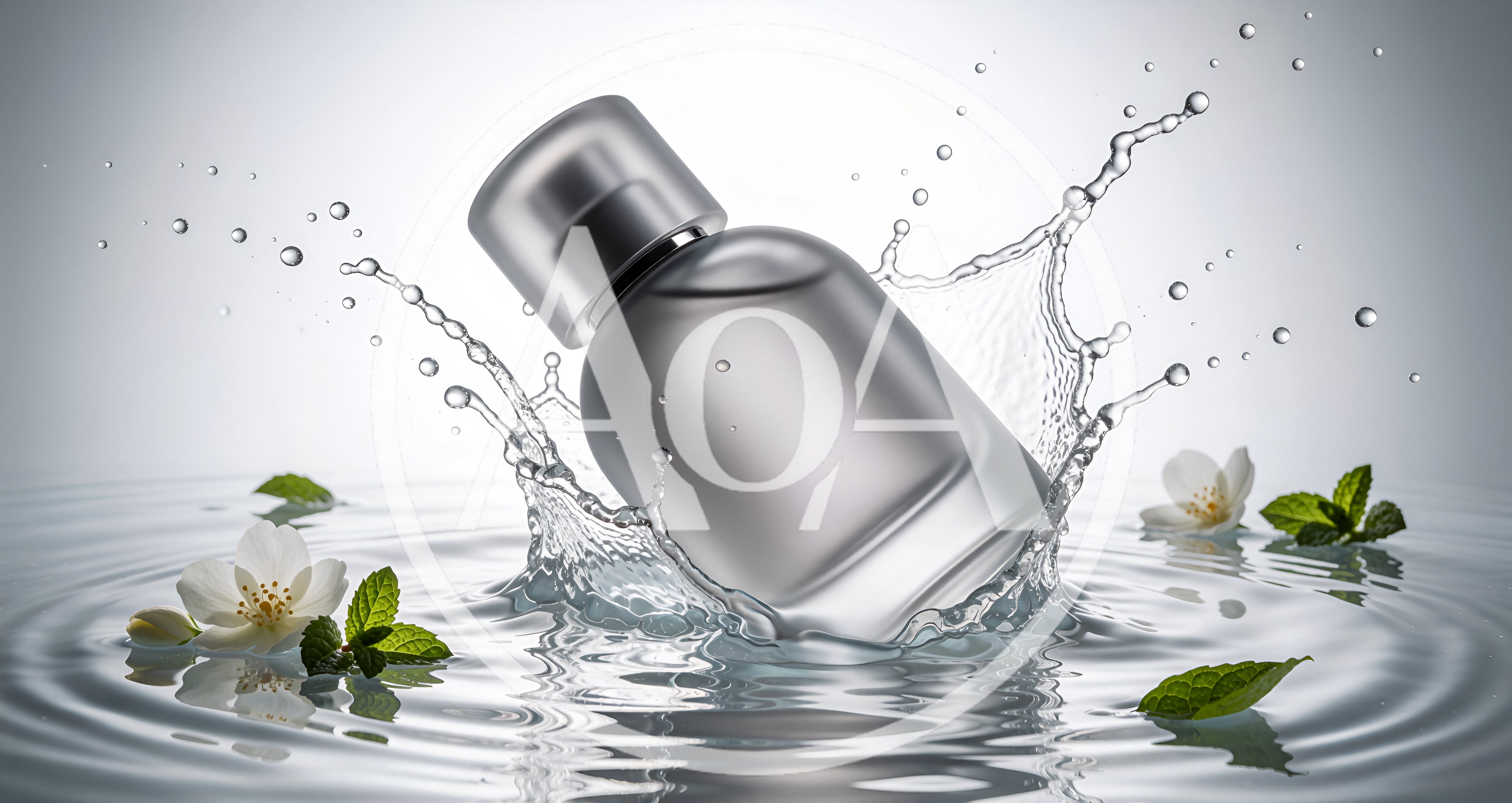 Perfume Bottle Splashing In Water With Flowers
