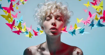 Young Woman With Short Blonde Hair Surrounded By Paper Butterflies