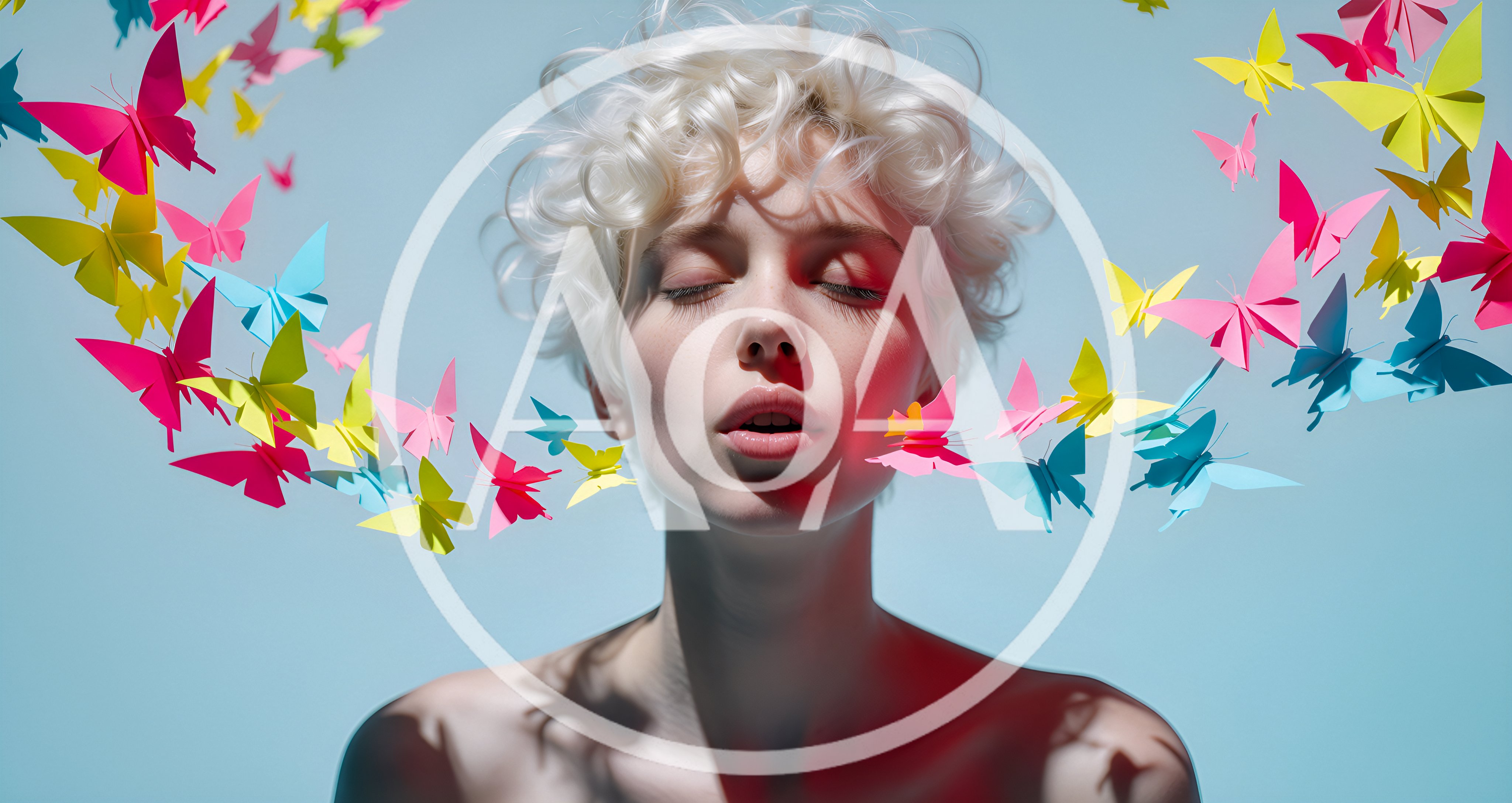 Young Woman With Short Blonde Hair Surrounded By Paper Butterflies