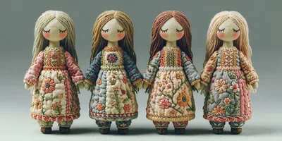Four Handmade Fabric Dolls With Intricate Embroidery