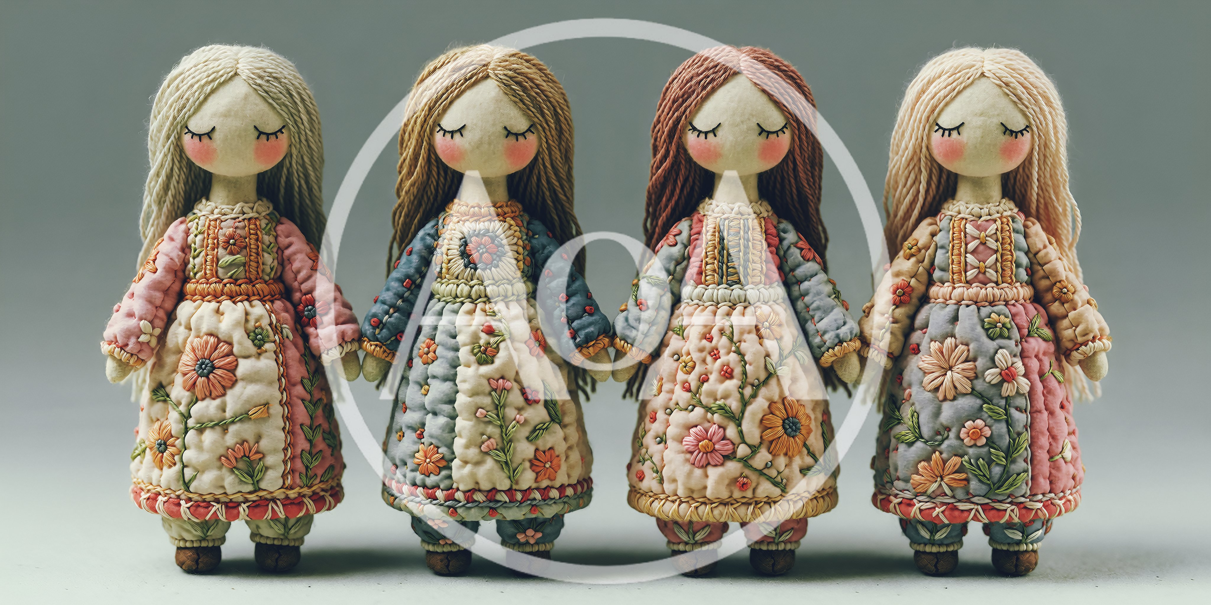 Four Handmade Fabric Dolls With Intricate Embroidery