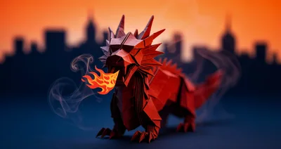 Origami Red Dragon Breathing Fire Against City Skyline