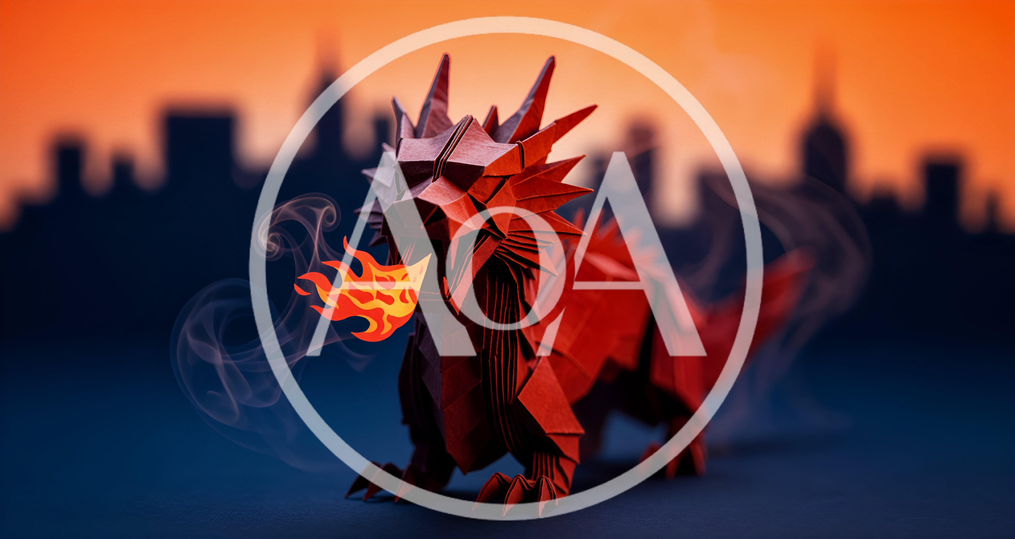 Origami Red Dragon Breathing Fire Against City Skyline