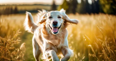 Golden Retriever Running Through A Sunny Field