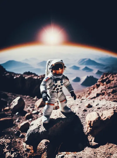 Astronaut Standing On A Rocky Alien Planet Surface