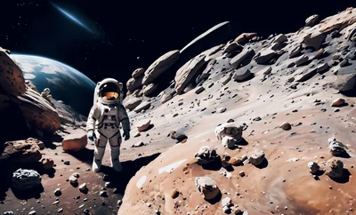 Astronaut Standing On A Rocky Alien Planet Surface