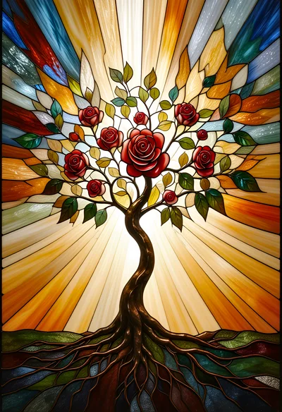Stained Glass Tree With Red Roses