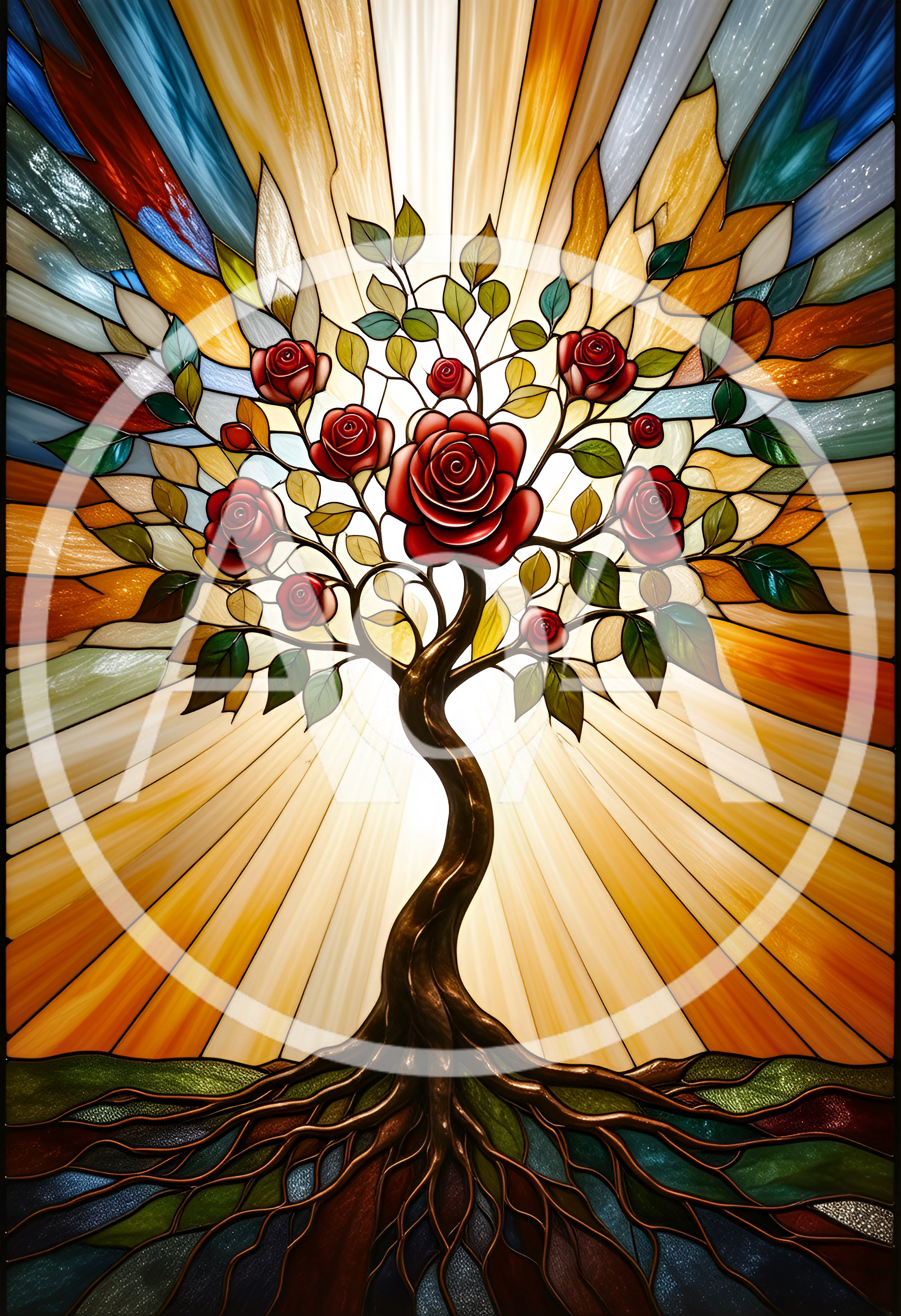 Stained Glass Tree With Red Roses