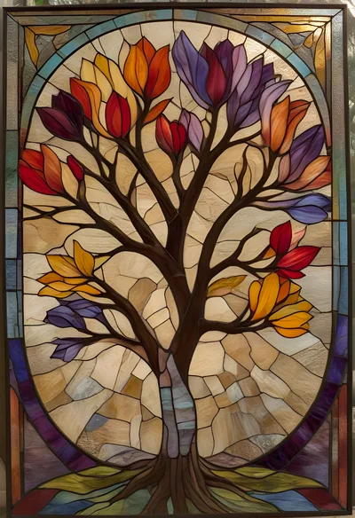 Stained Glass Tree With Colorful Floral Blossoms