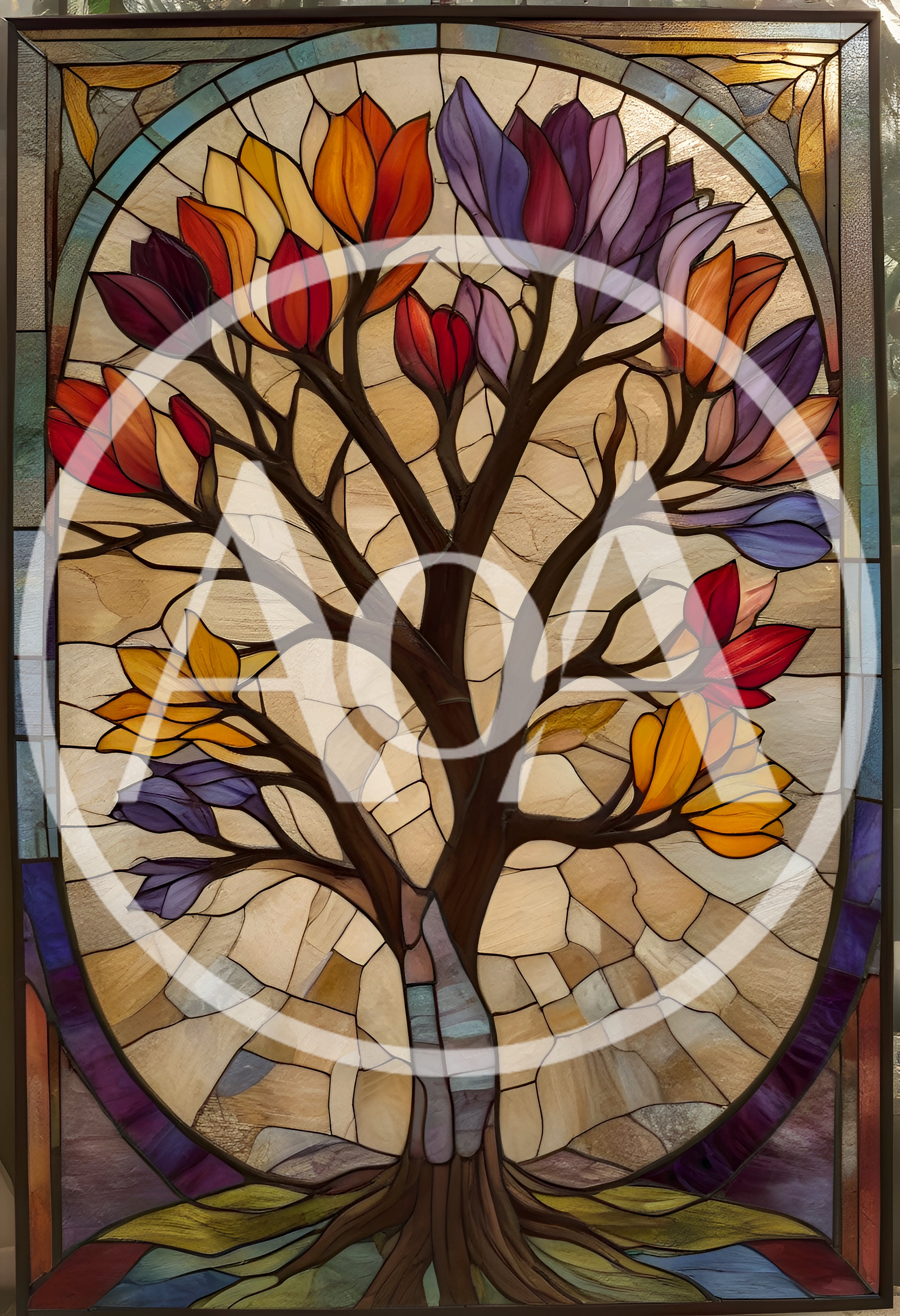 Stained Glass Tree With Colorful Floral Blossoms