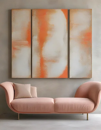 Modern Pink Velvet Sofa With Abstract Wall Art