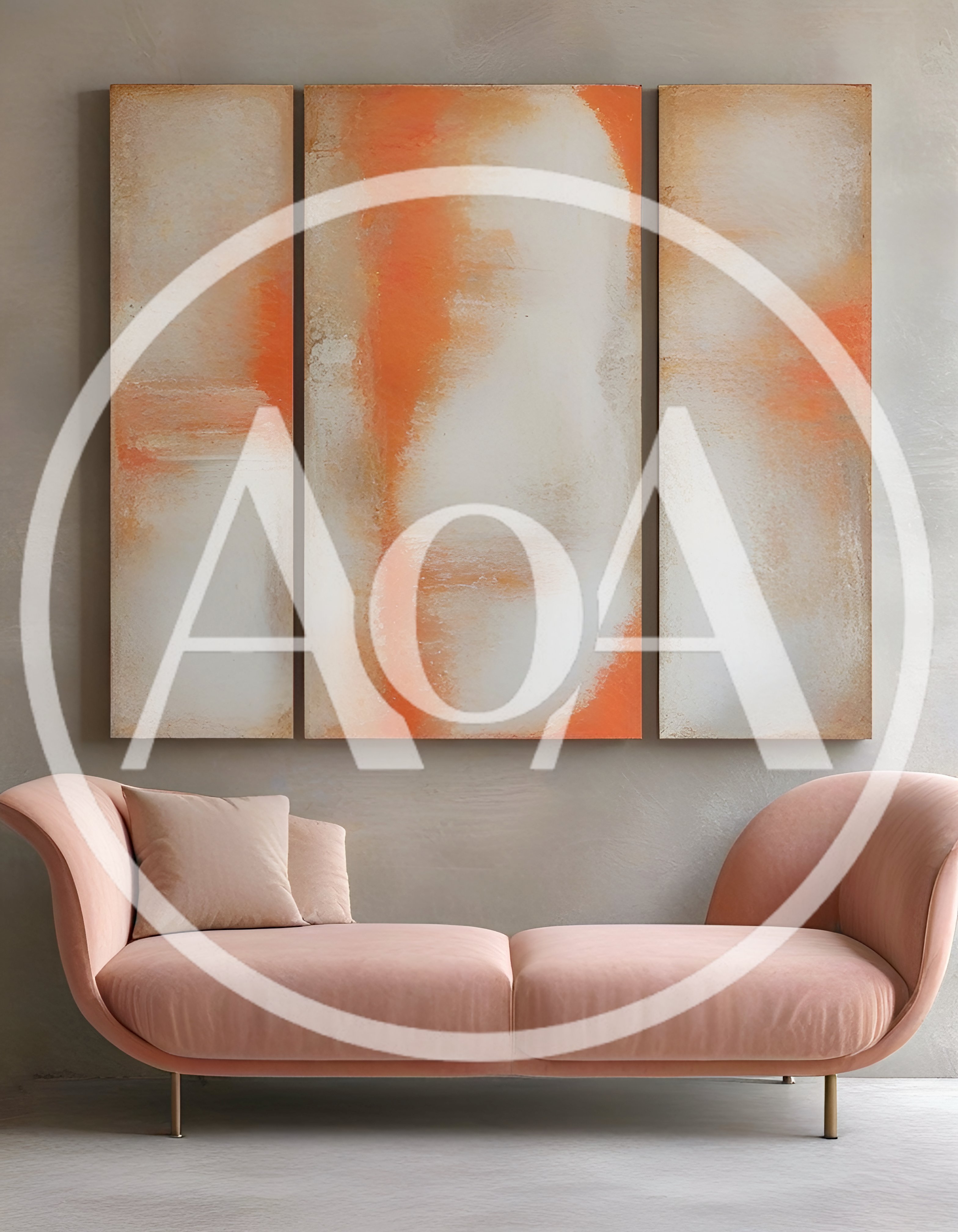 Modern Pink Velvet Sofa With Abstract Wall Art