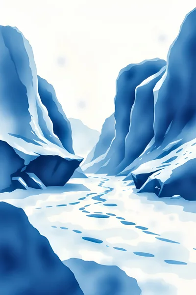 Digital Illustration Of Snowy Mountain Pass With Footprints