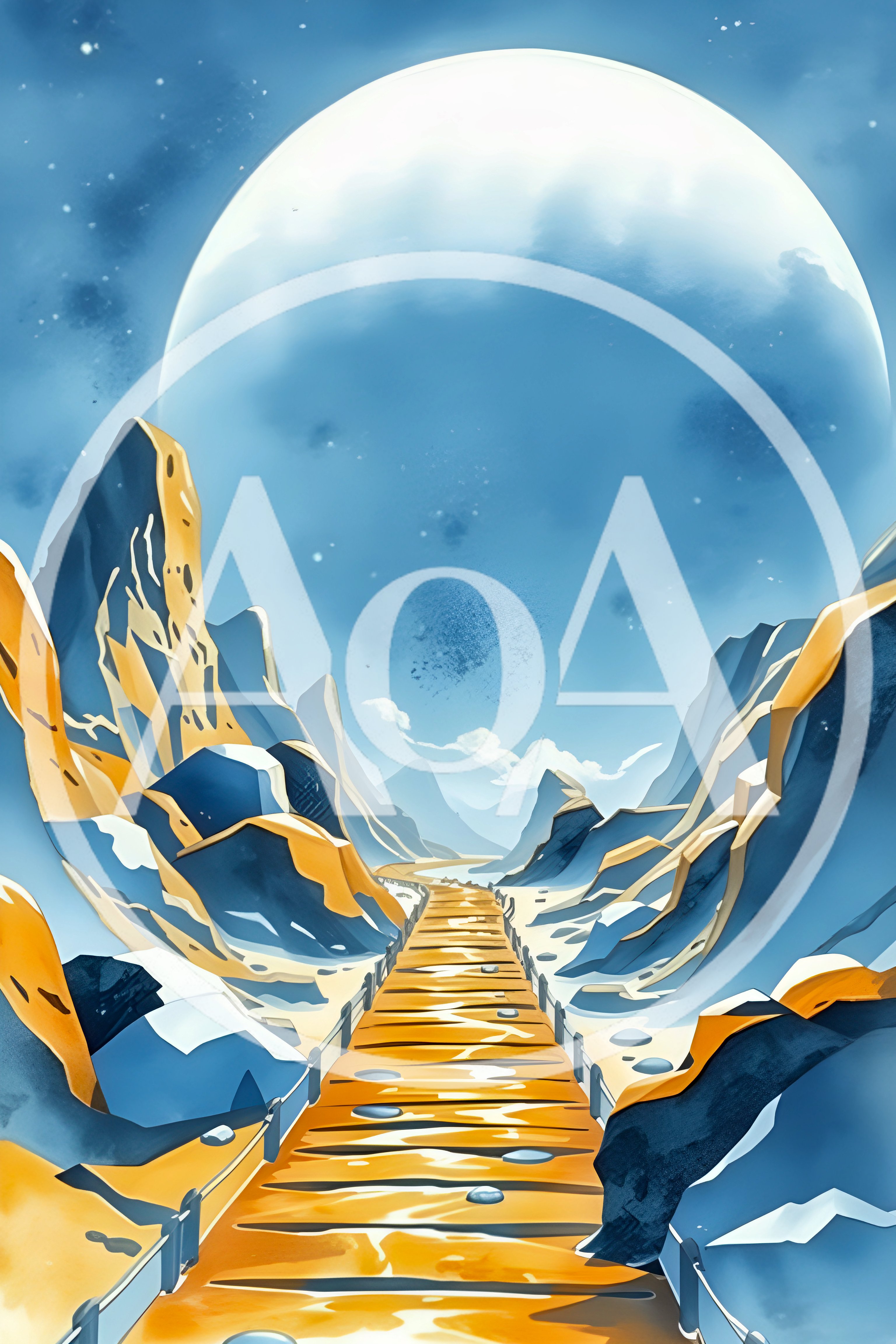 Digital Illustration Of A Wooden Path Through Mountains