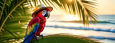 Scarlet Macaw Wearing A Straw Hat On A Palm Leaf