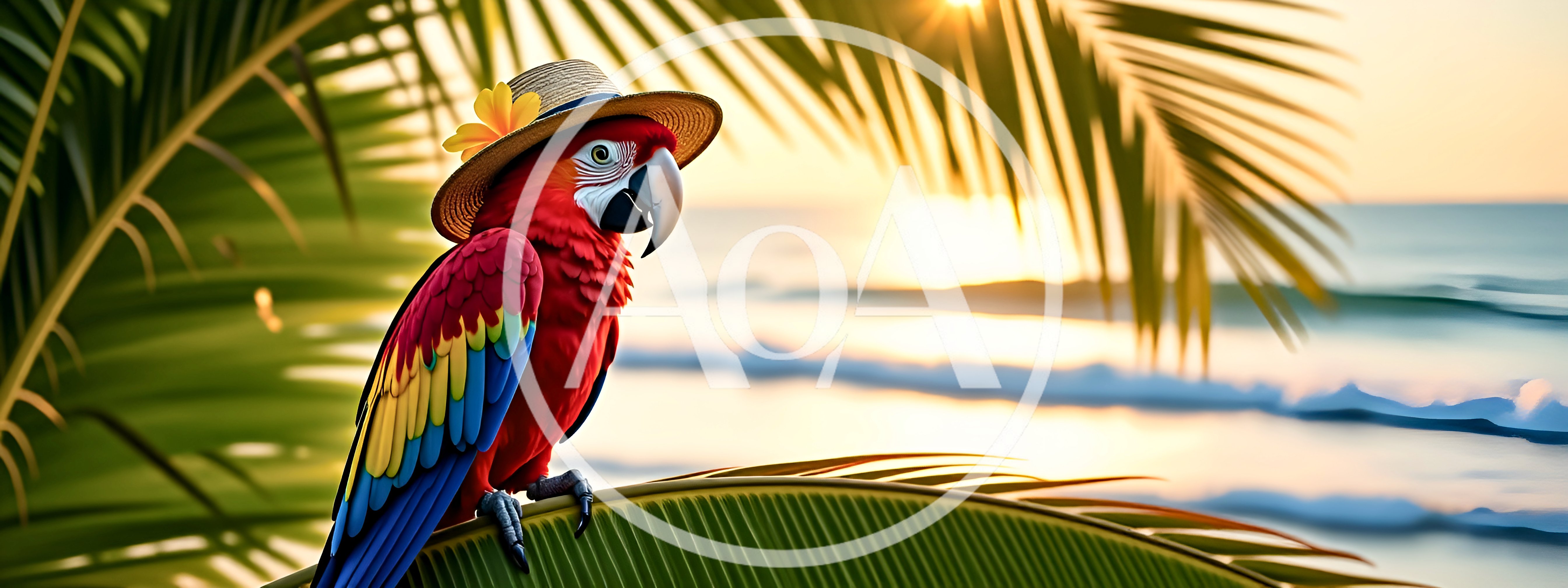 Scarlet Macaw Wearing A Straw Hat On A Palm Leaf