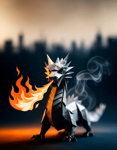 Origami Dragon Breathing Fire Against A Blurred Cityscape