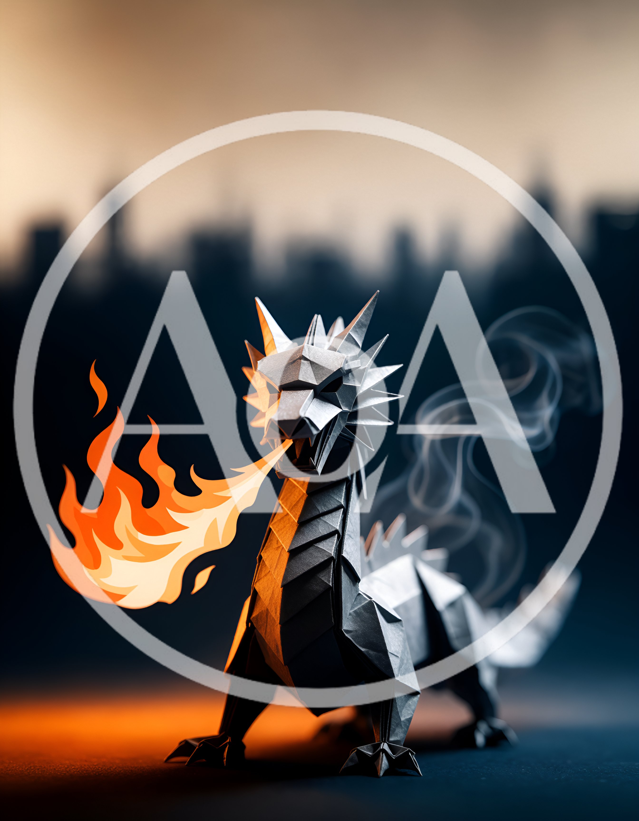 Origami Dragon Breathing Fire Against A Blurred Cityscape