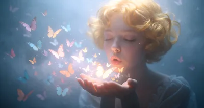 Young Girl Blowing Glowing Butterflies From Her Hands
