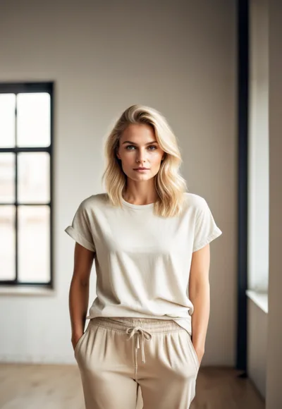 Portrait Of A Blonde Woman In Casual Loungewear