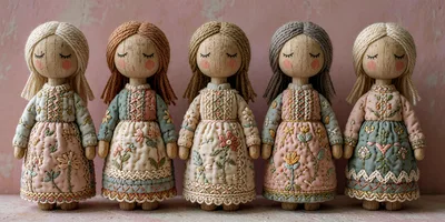 Five Handmade Wooden Dolls With Embroidered Dresses