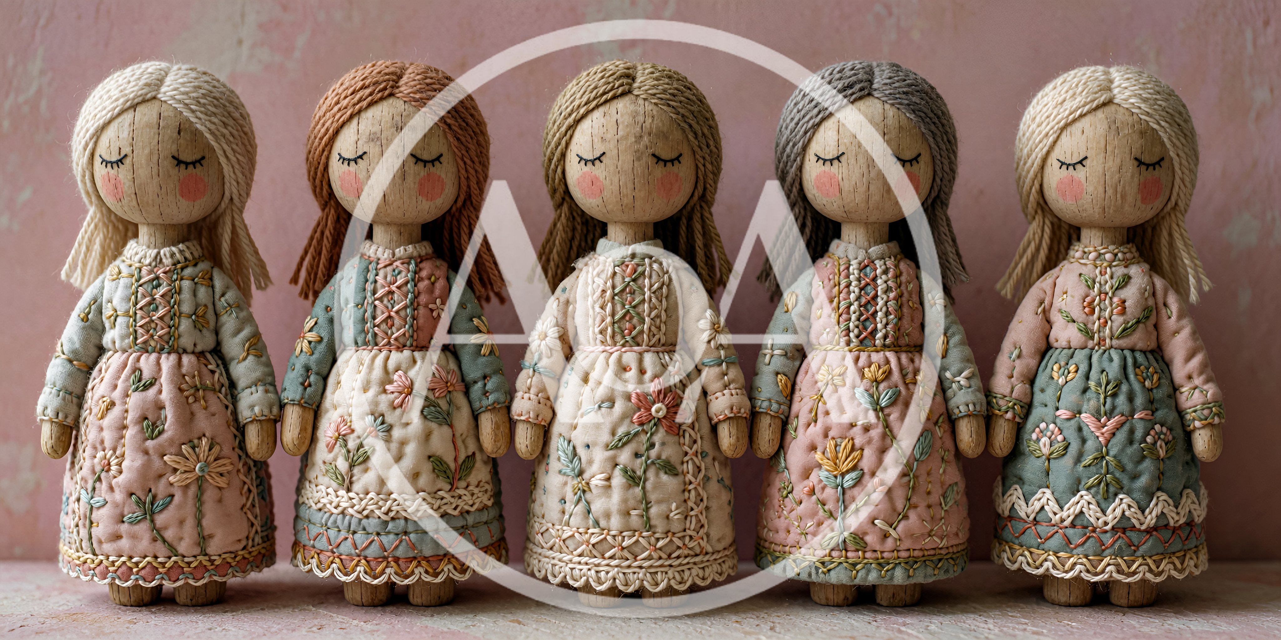 Five Handmade Wooden Dolls With Embroidered Dresses
