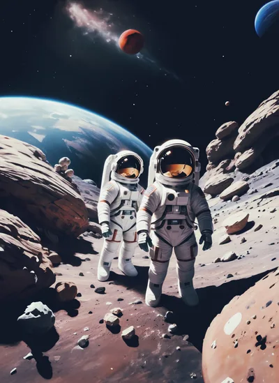 Two Astronauts Exploring A Rocky Alien Planet Surface