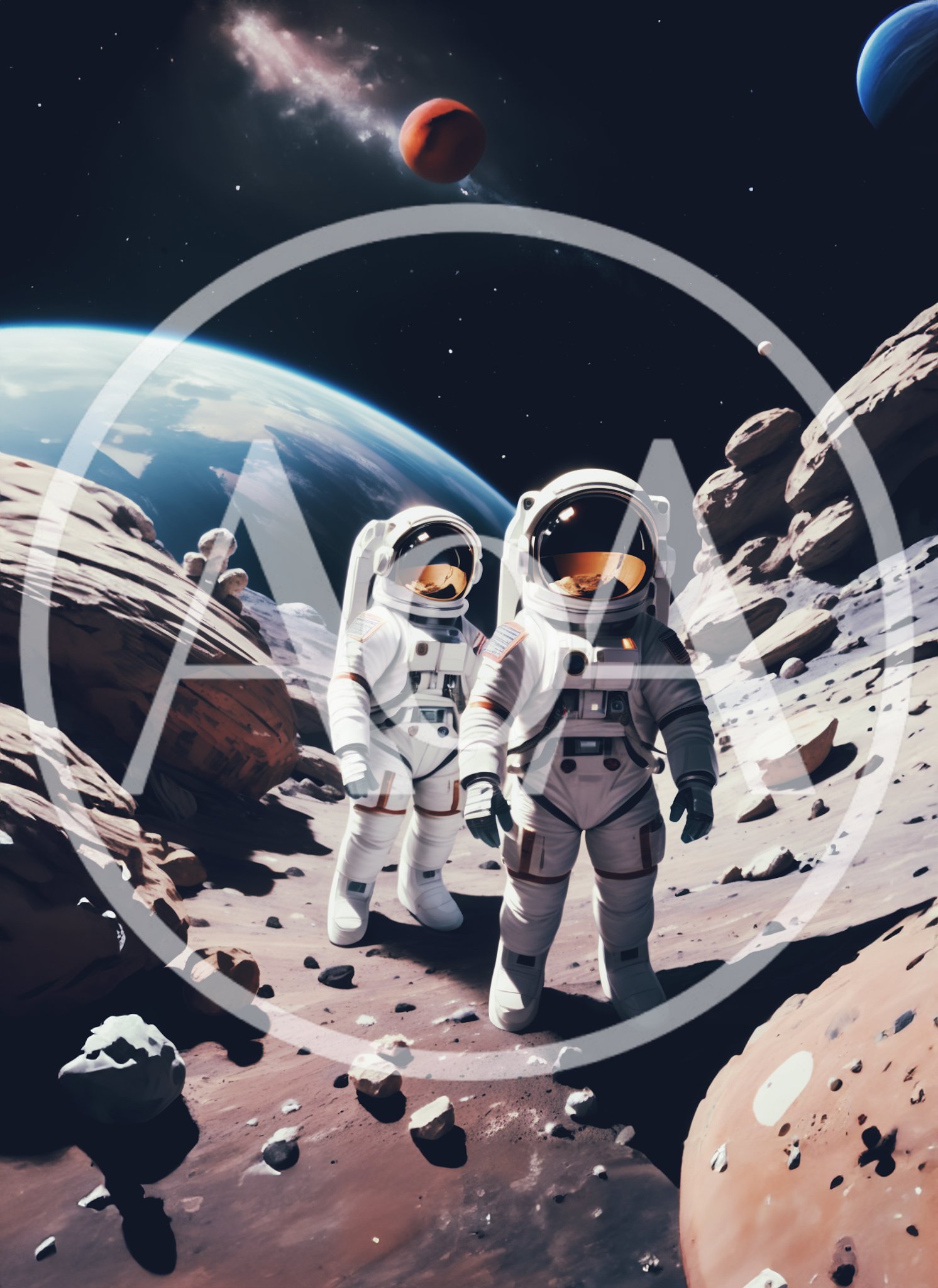 Two Astronauts Exploring A Rocky Alien Planet Surface