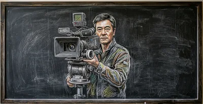 Chalk Drawing Of A Cinematographer With Professional Camera