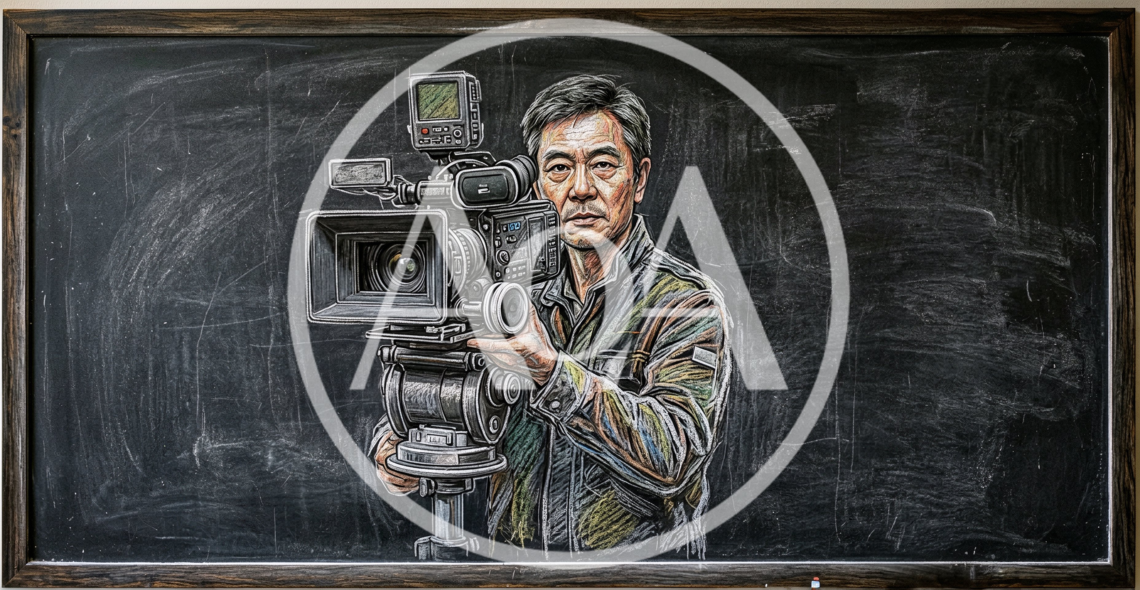 Chalk Drawing Of A Cinematographer With Professional Camera