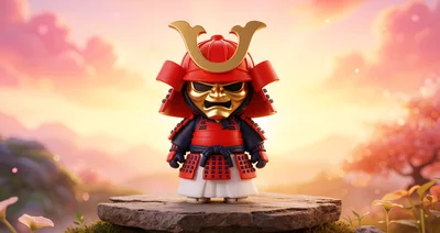 Chibi Samurai Warrior Figurine Standing On Stone Platform