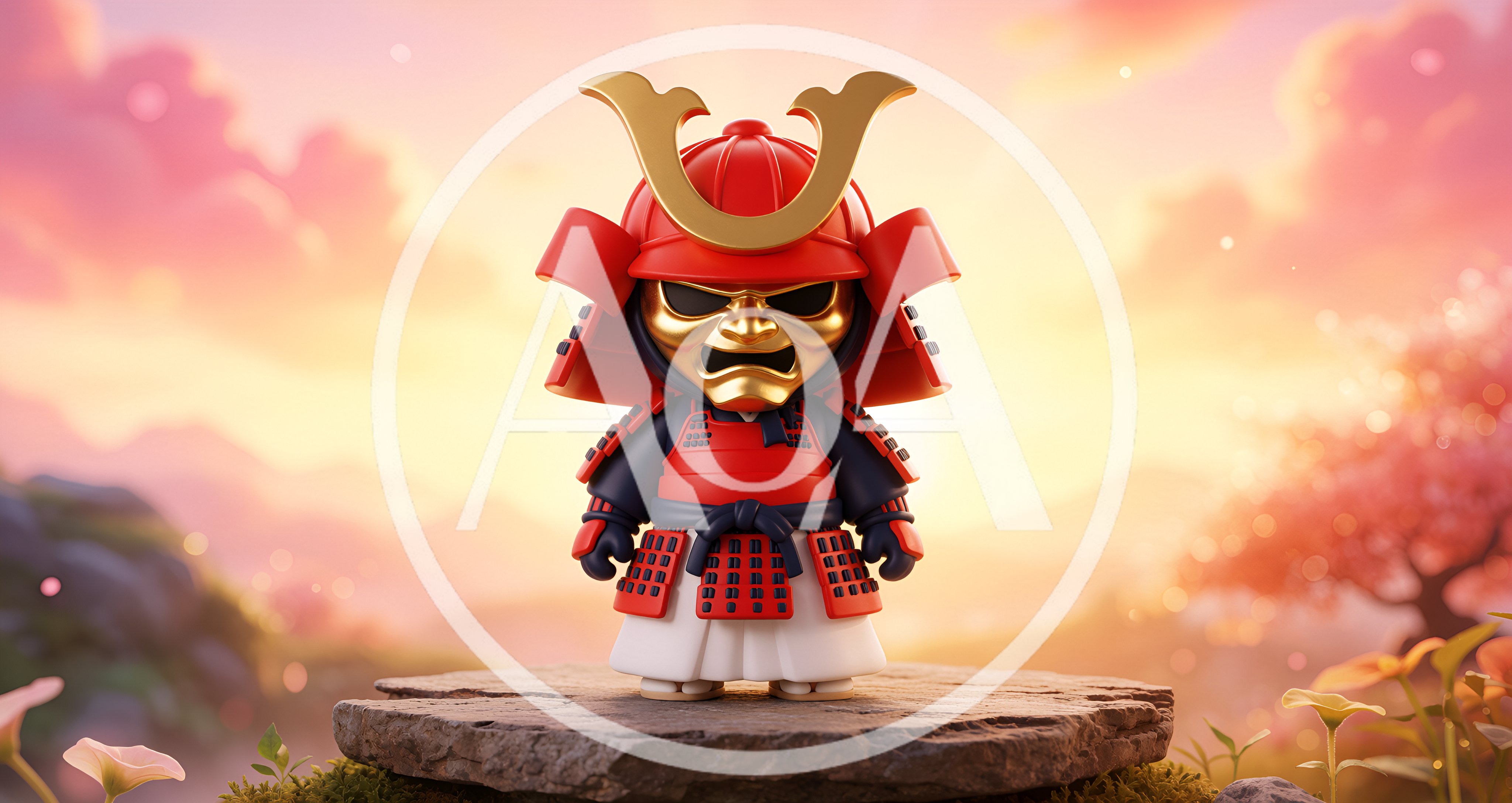 Chibi Samurai Warrior Figurine Standing On Stone Platform